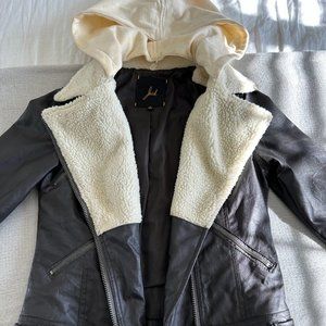 Women's Faux Leather Sherpa Lined Bomber Jacket w/ Removable Hood!